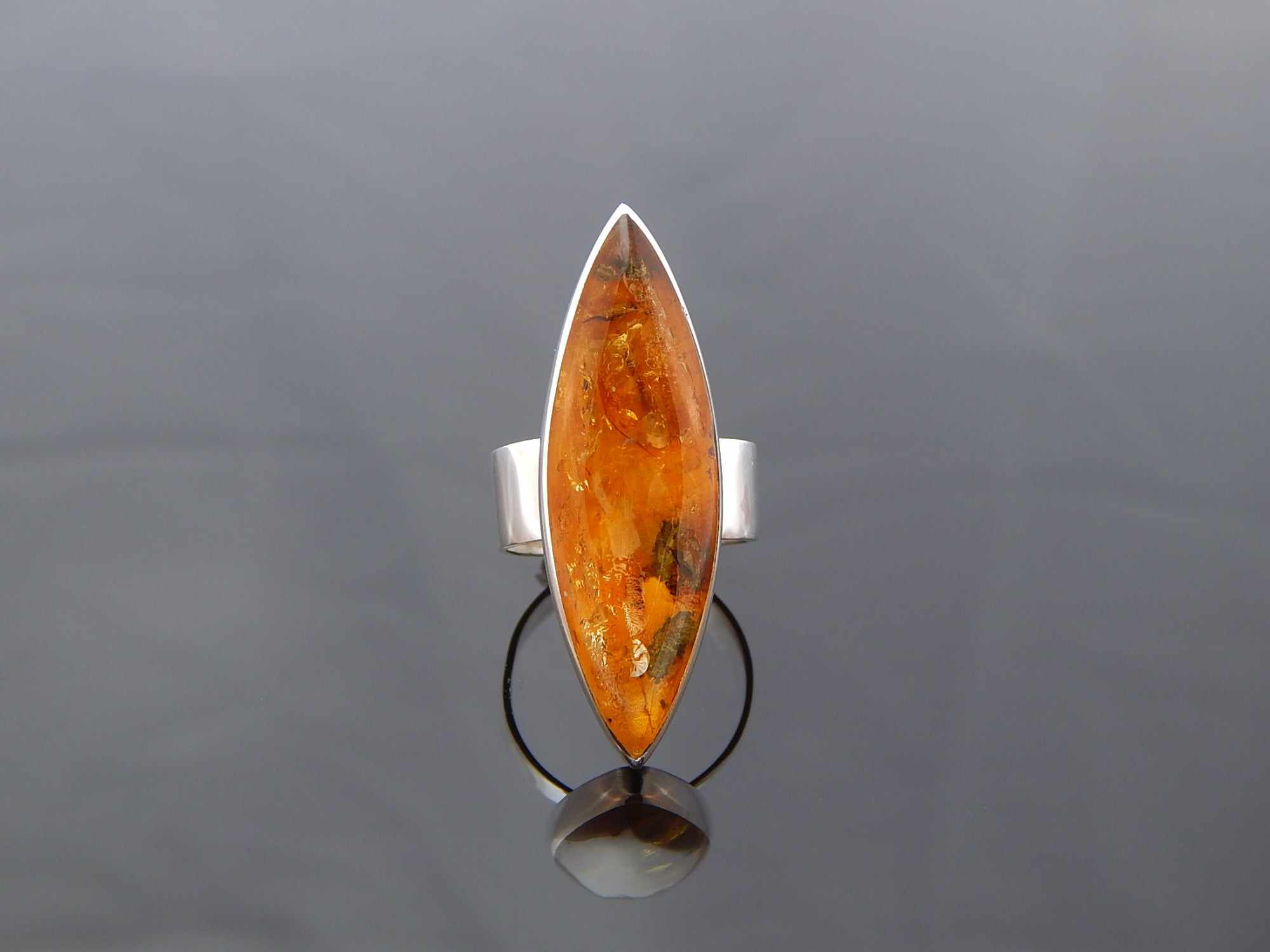 Natural Baltic Cognac Amber Minimalist Designer Statement Ring in 925 Sterling Silver