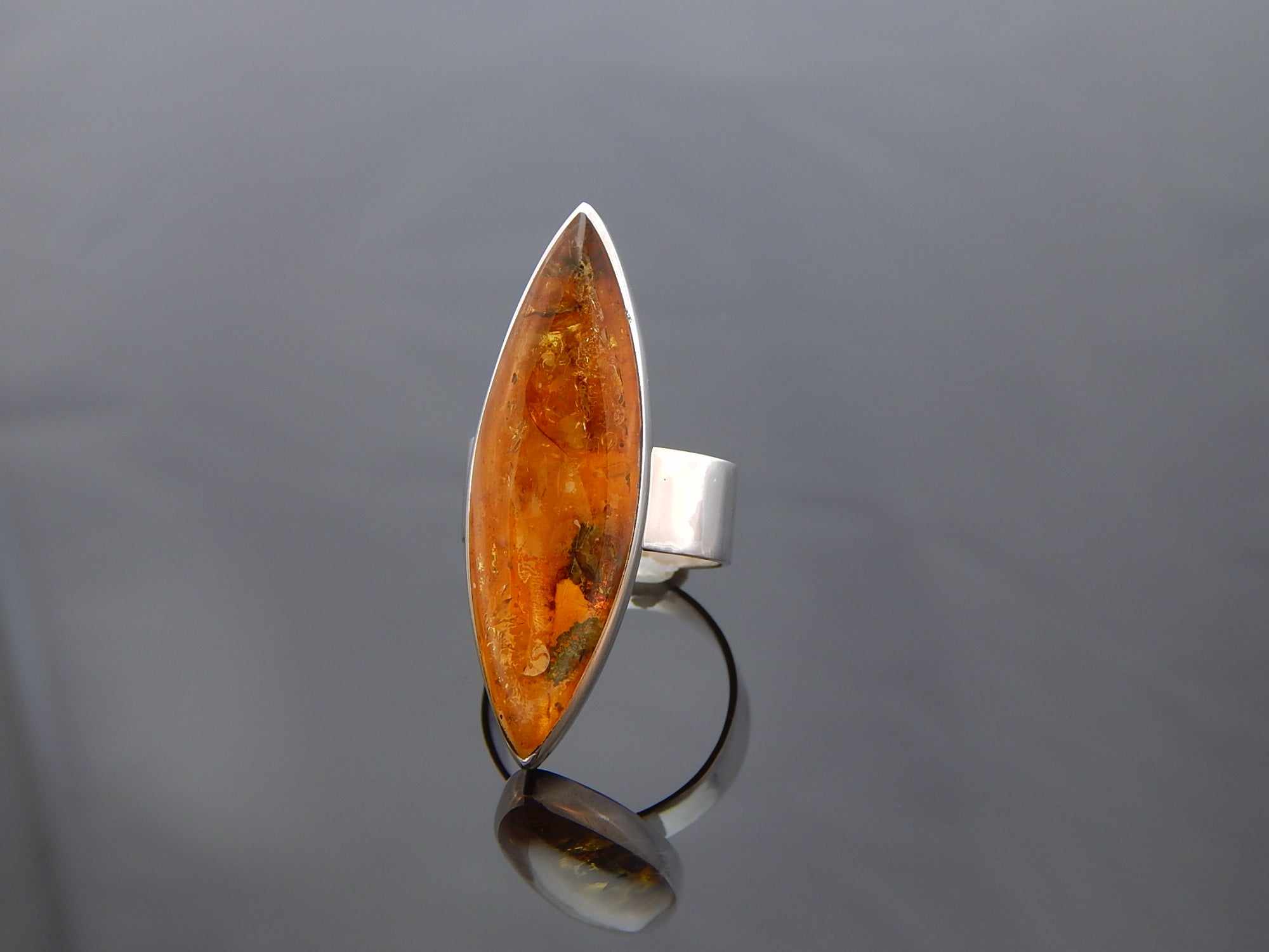 Natural Baltic Cognac Amber Minimalist Designer Statement Ring in 925 Sterling Silver