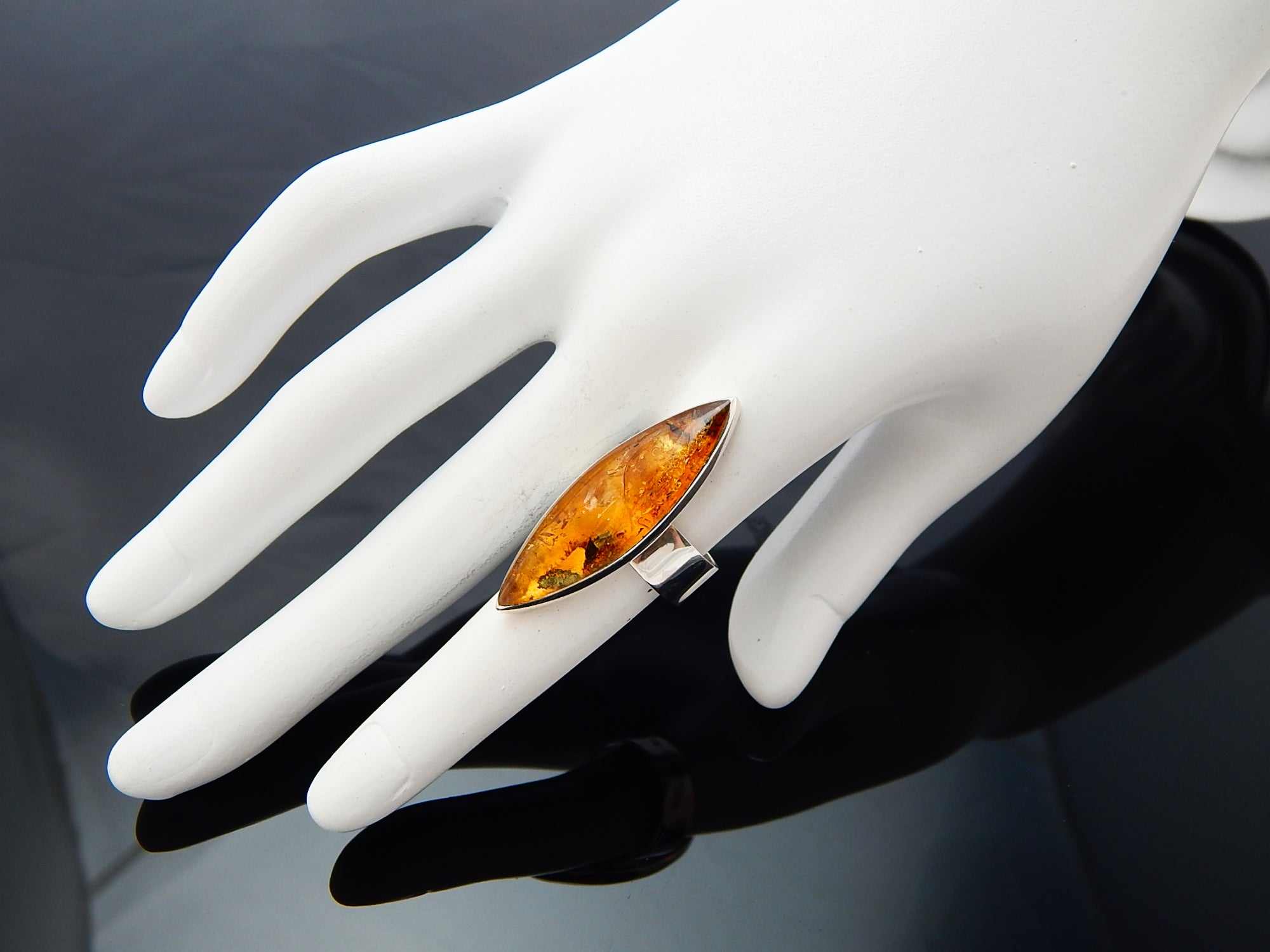 Natural Baltic Cognac Amber Minimalist Designer Statement Ring in 925 Sterling Silver