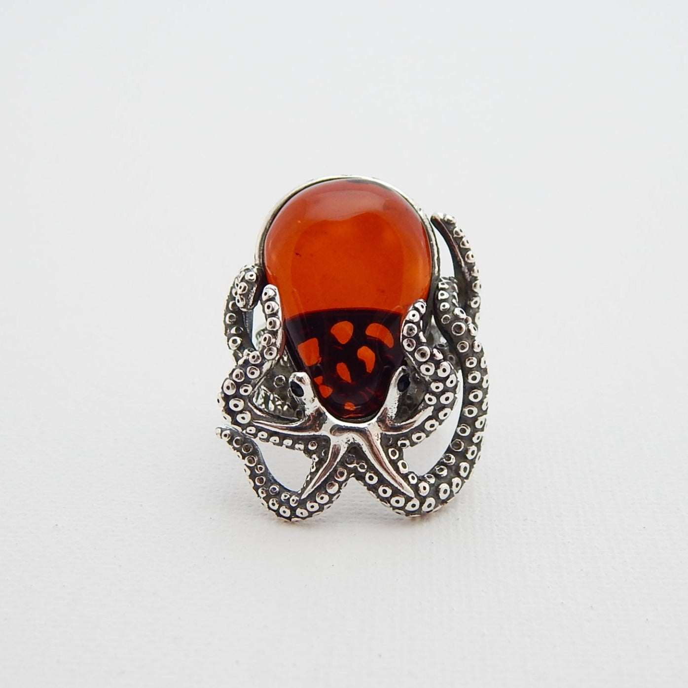 Natural Baltic Cherry Amber Adjustable Octopus Statement Ring in 925 Sterling Silver