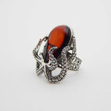 Natural Baltic Cherry Amber Adjustable Octopus Statement Ring in 925 Sterling Silver