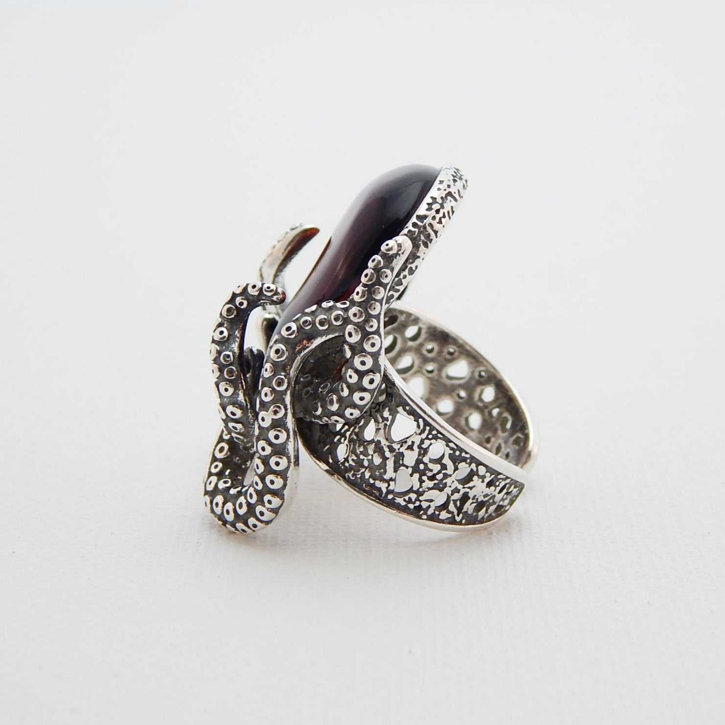 Natural Baltic Cherry Amber Adjustable Octopus Statement Ring in 925 Sterling Silver