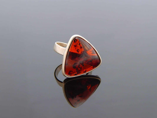 Natural Baltic Cherry Amber Trillion Cut Adjustable Ring in 925 Sterling Silver