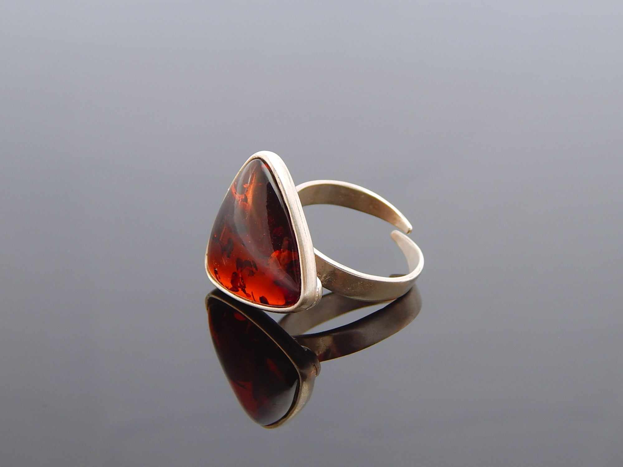 Natural Baltic Cherry Amber Trillion Cut Adjustable Ring in 925 Sterling Silver