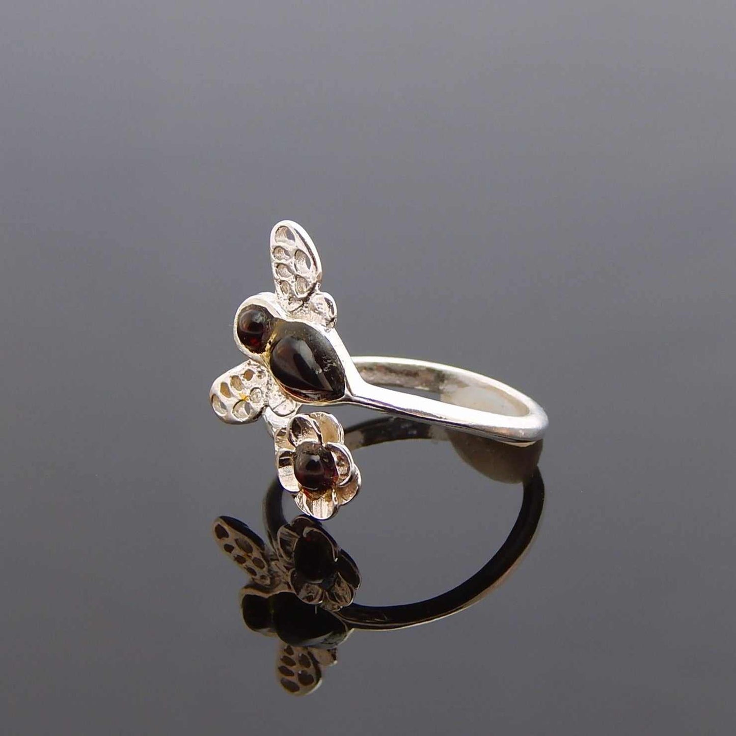 Natural Baltic Cherry Amber Bumble Bee Flower Adjustable Ring in 925 Sterling Silver