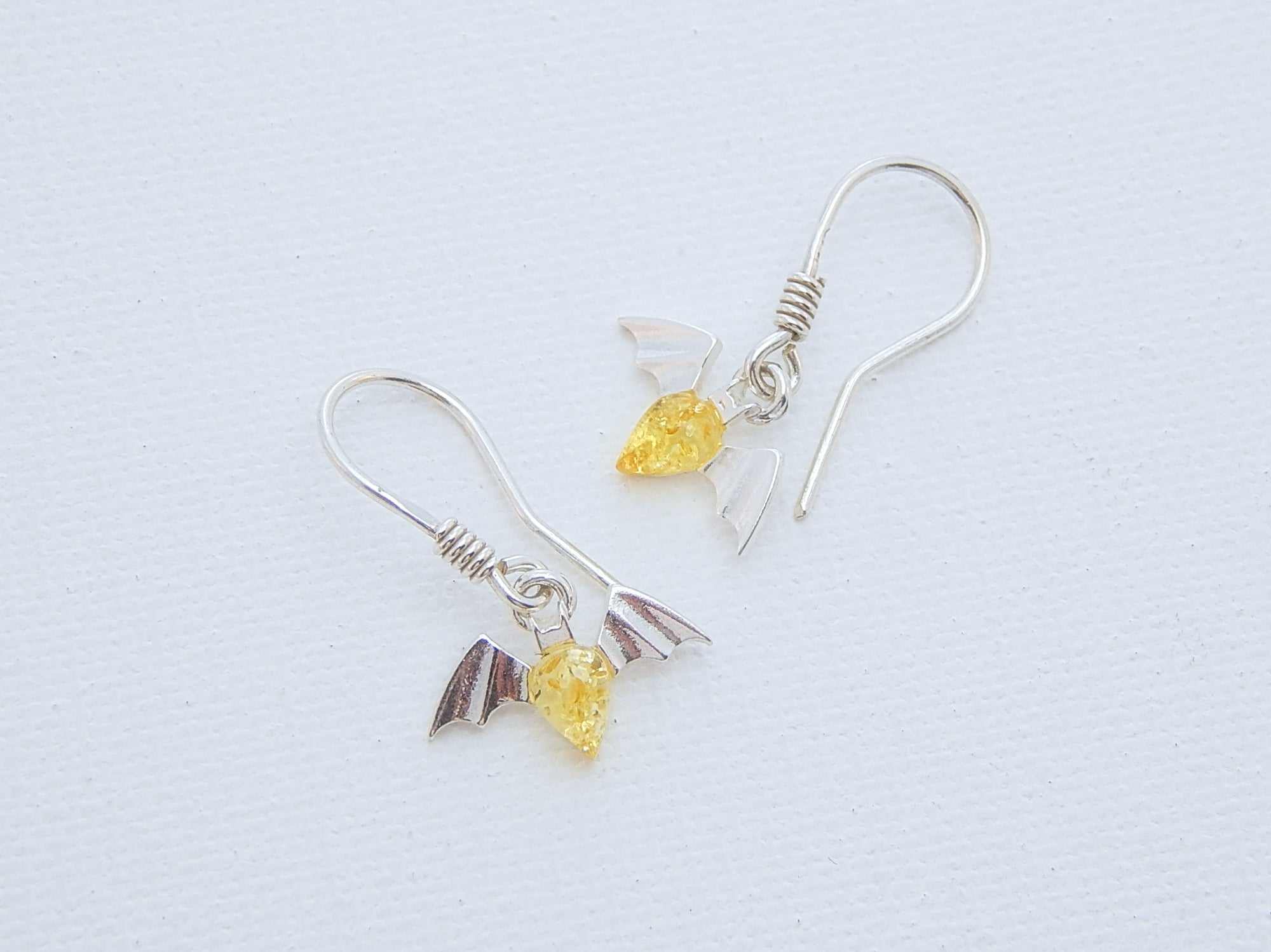 Natural Baltic Lemon Amber Tiny Bat Dangle Earrings in 925 Sterling Silver