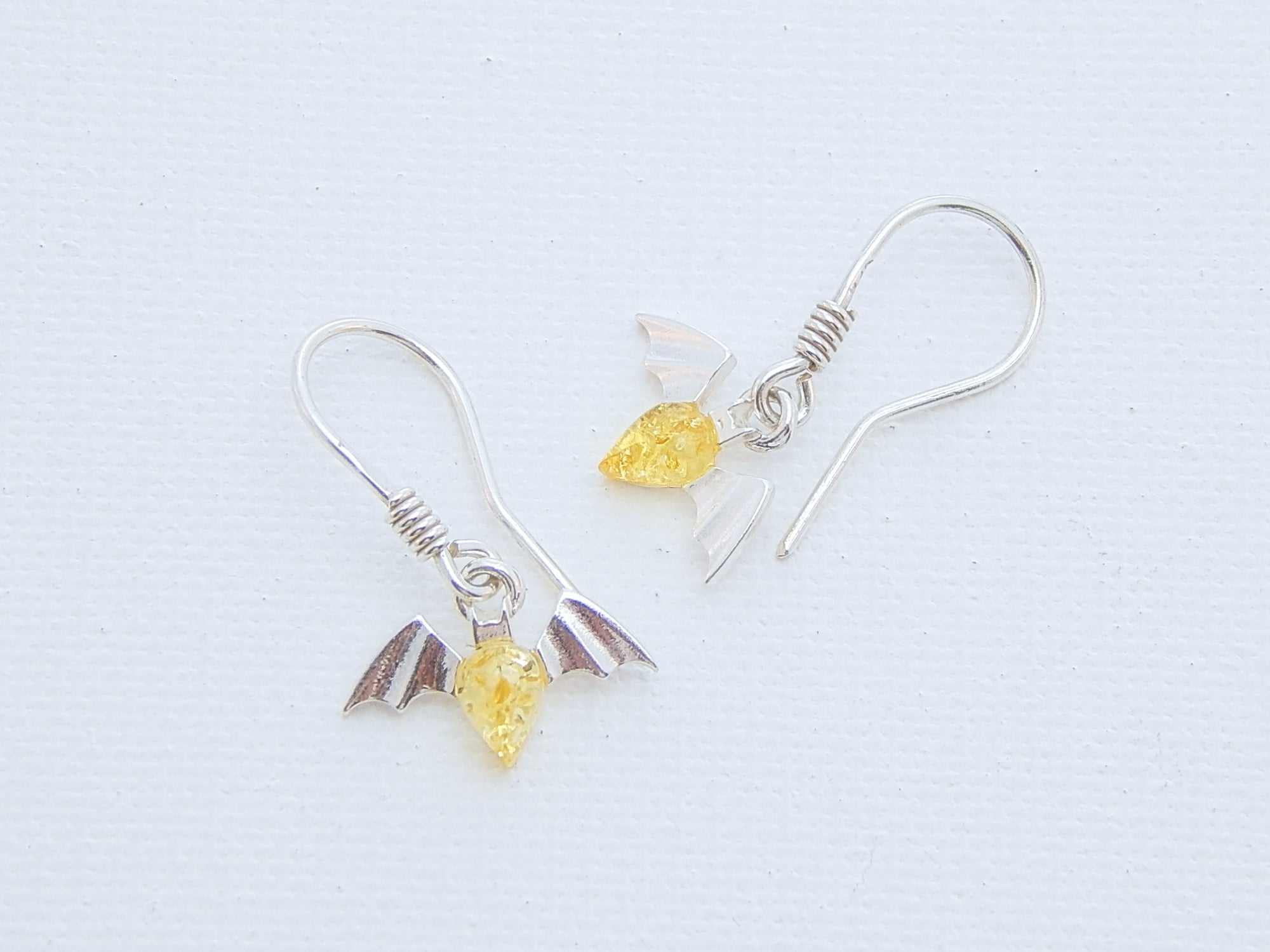 Natural Baltic Lemon Amber Tiny Bat Dangle Earrings in 925 Sterling Silver