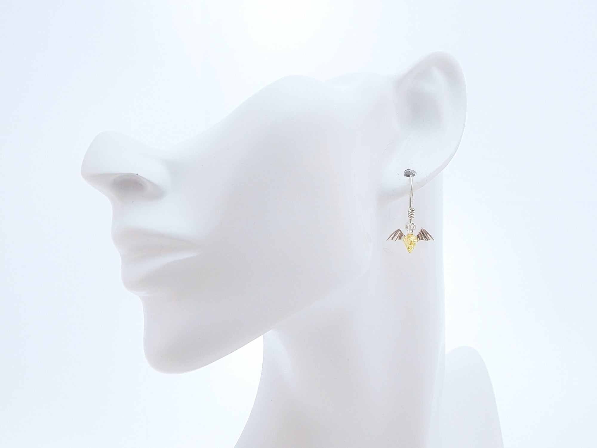 Natural Baltic Lemon Amber Tiny Bat Dangle Earrings in 925 Sterling Silver