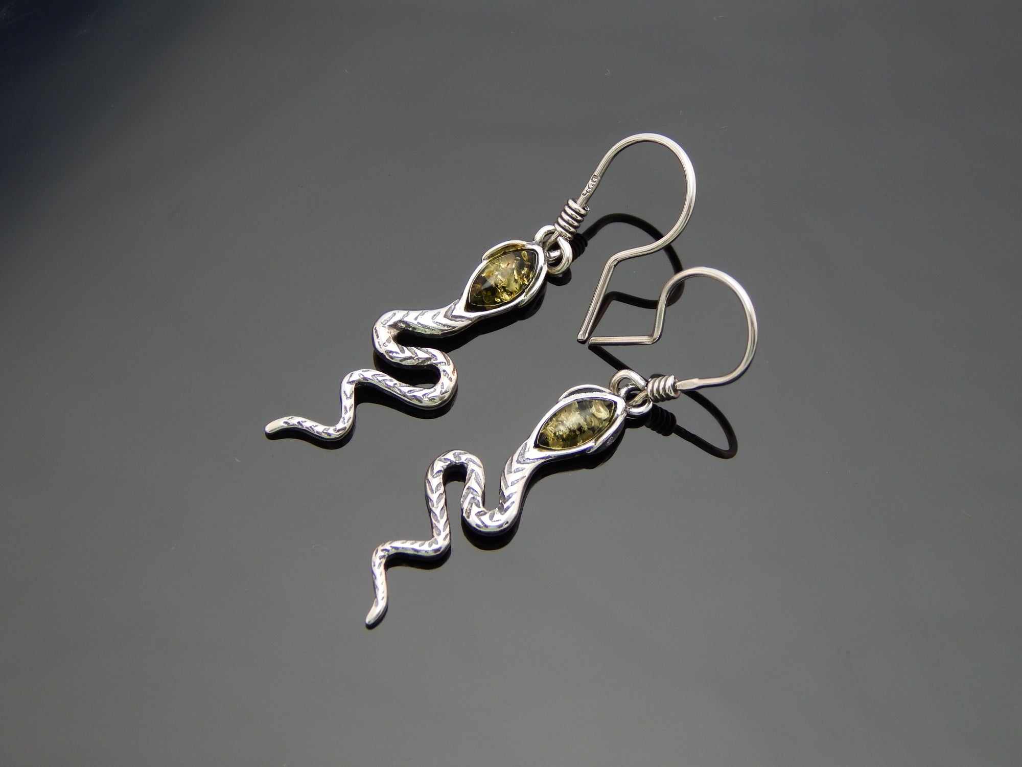 Natural Baltic Green Amber Snake Dangle Earrings in 925 Sterling Silver