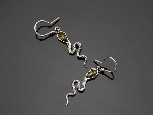 Natural Baltic Green Amber Snake Dangle Earrings in 925 Sterling Silver