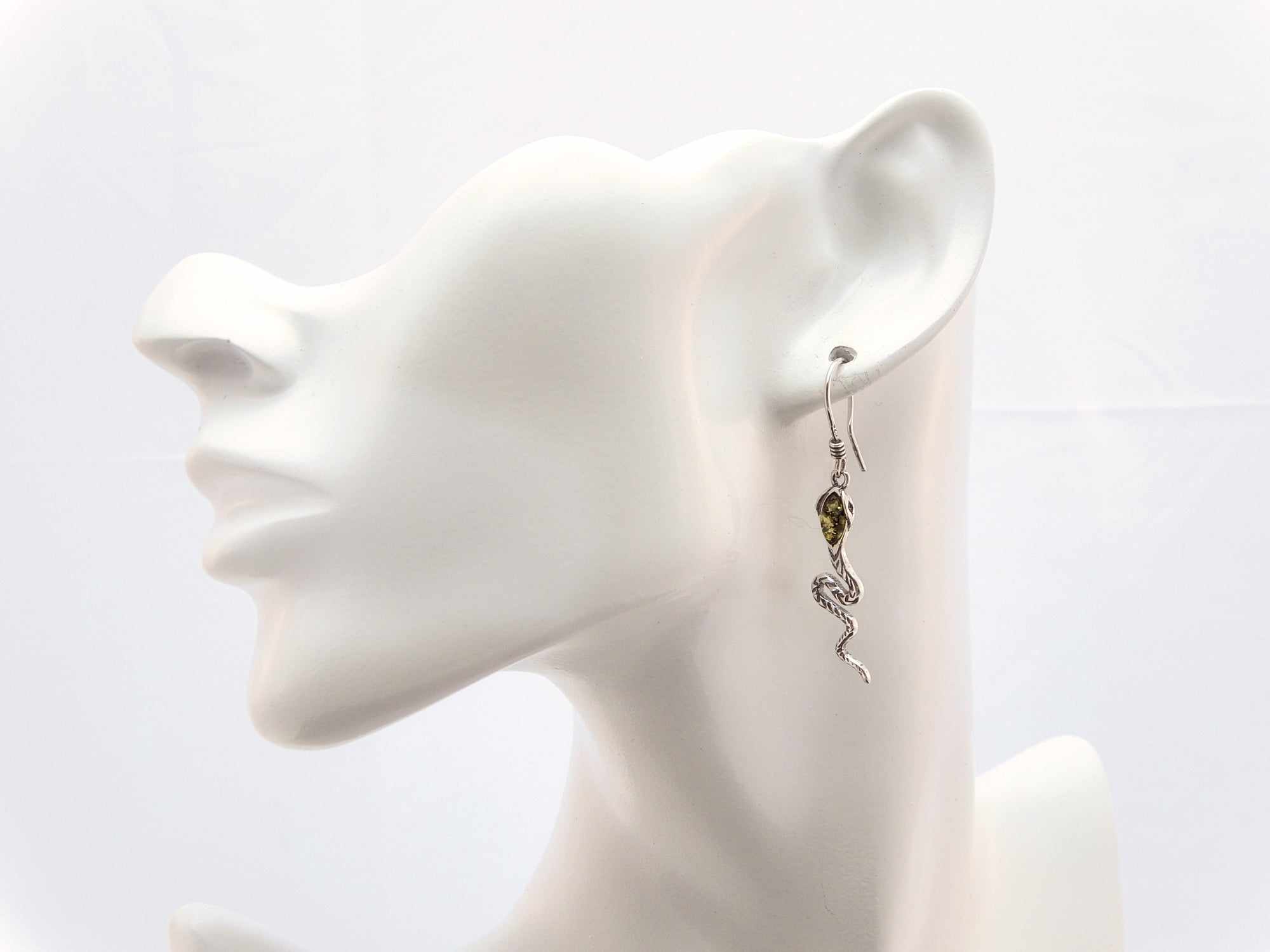 Natural Baltic Green Amber Snake Dangle Earrings in 925 Sterling Silver