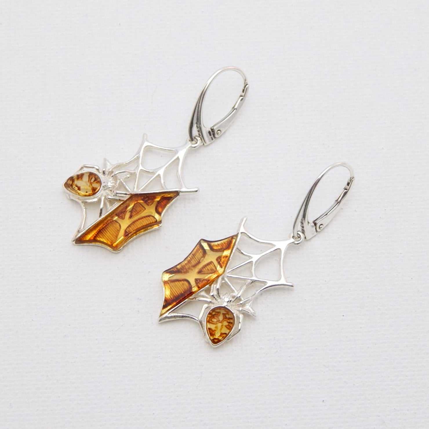 Natural Baltic Cognac Amber Handmade Spiderweb Dangle Earrings in 925 Sterling Silver