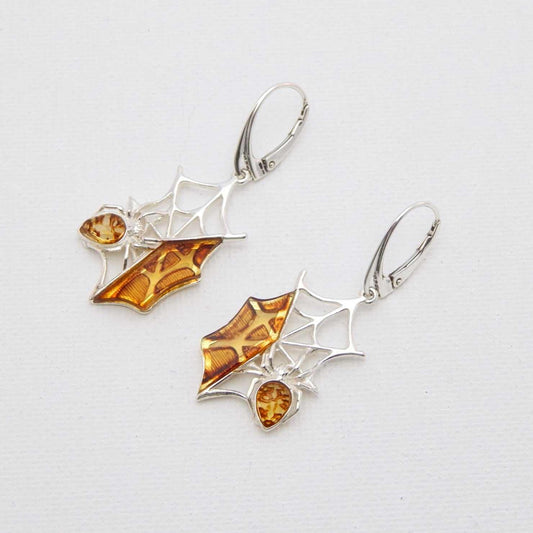 Natural Baltic Cognac Amber Handmade Spiderweb Dangle Earrings in 925 Sterling Silver