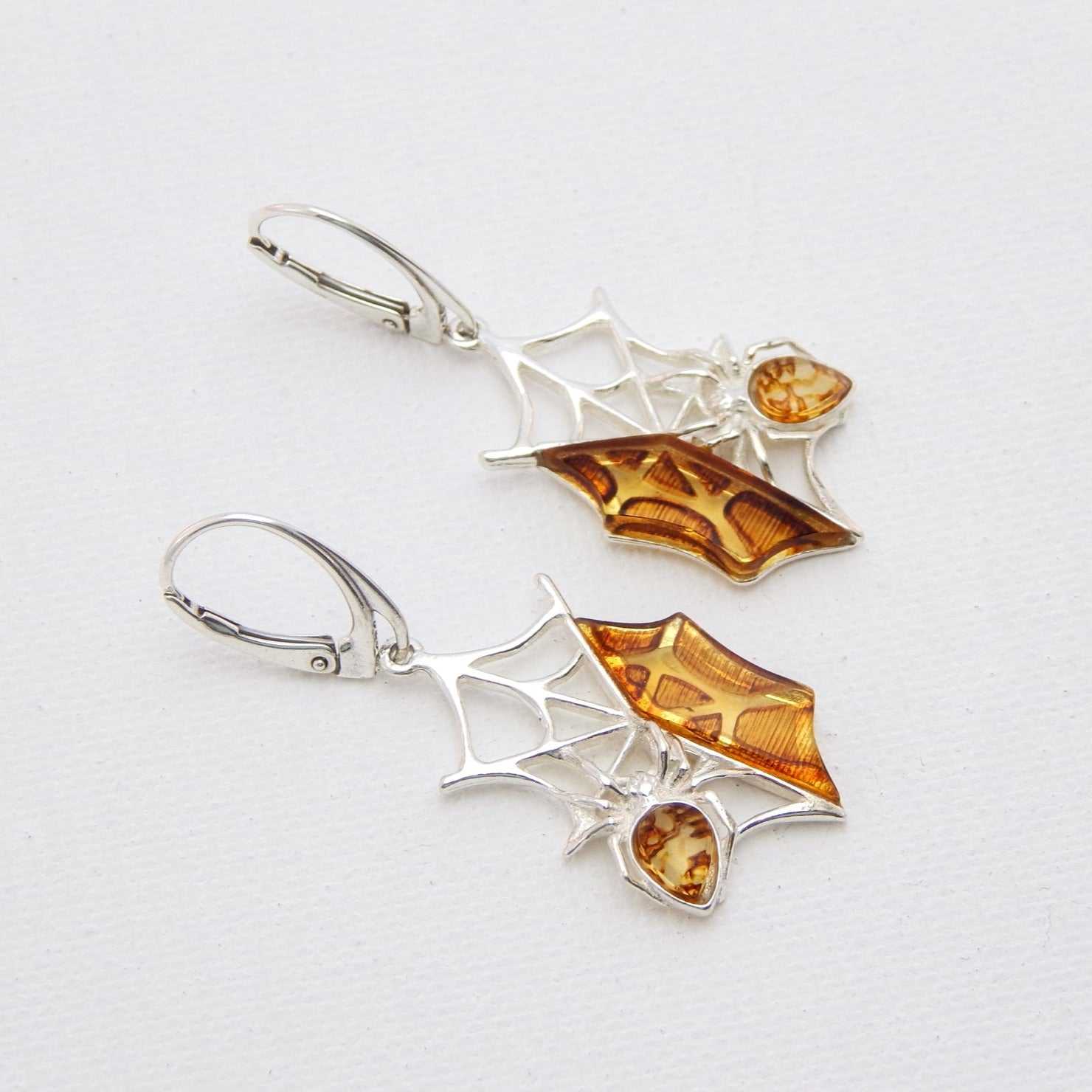 Natural Baltic Cognac Amber Handmade Spiderweb Dangle Earrings in 925 Sterling Silver