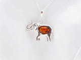 Natural Baltic Cognac Lucky Elephant Pendant Necklace in 925 Silver