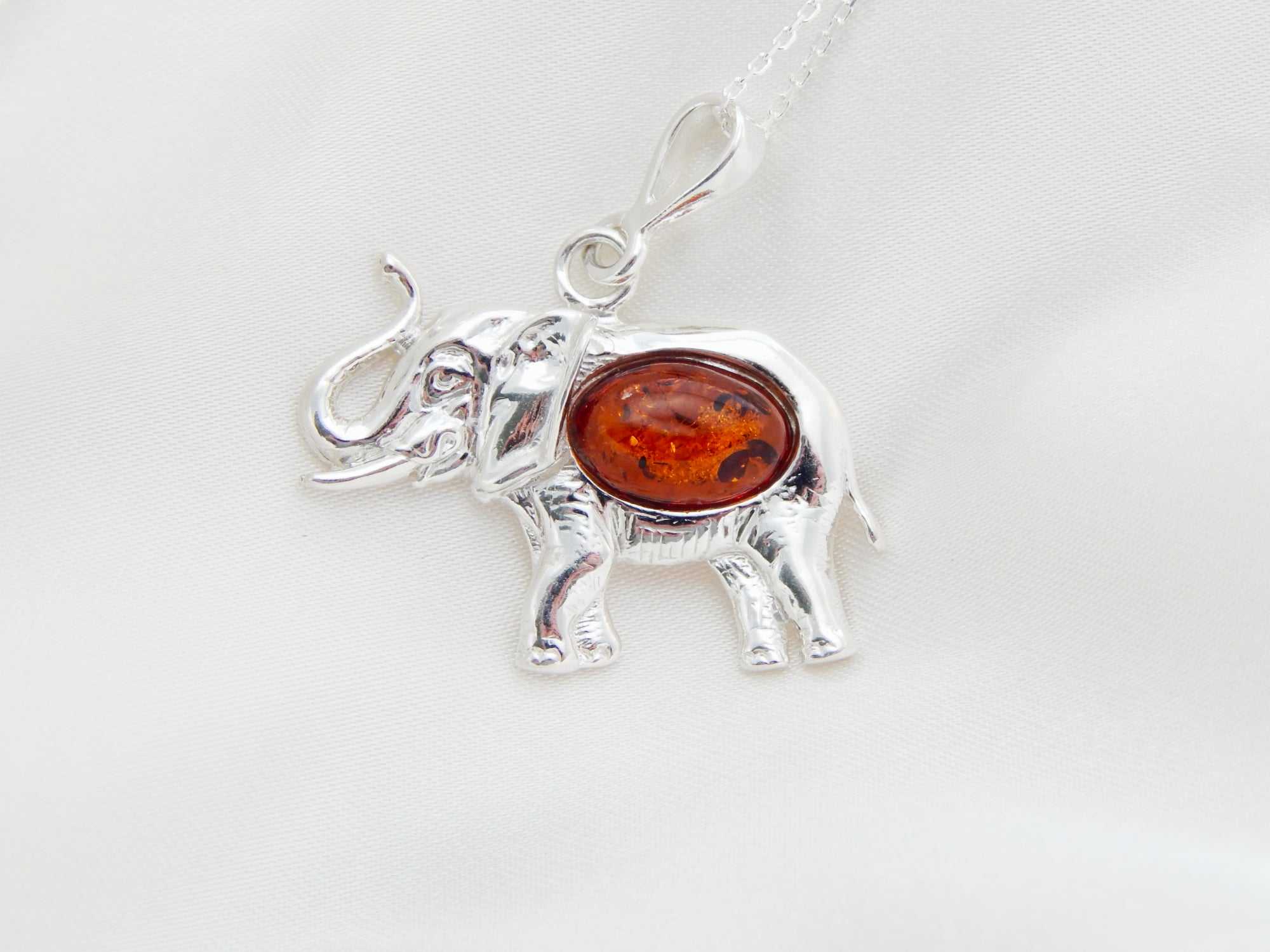 Natural Baltic Cognac Lucky Elephant Pendant Necklace in 925 Silver