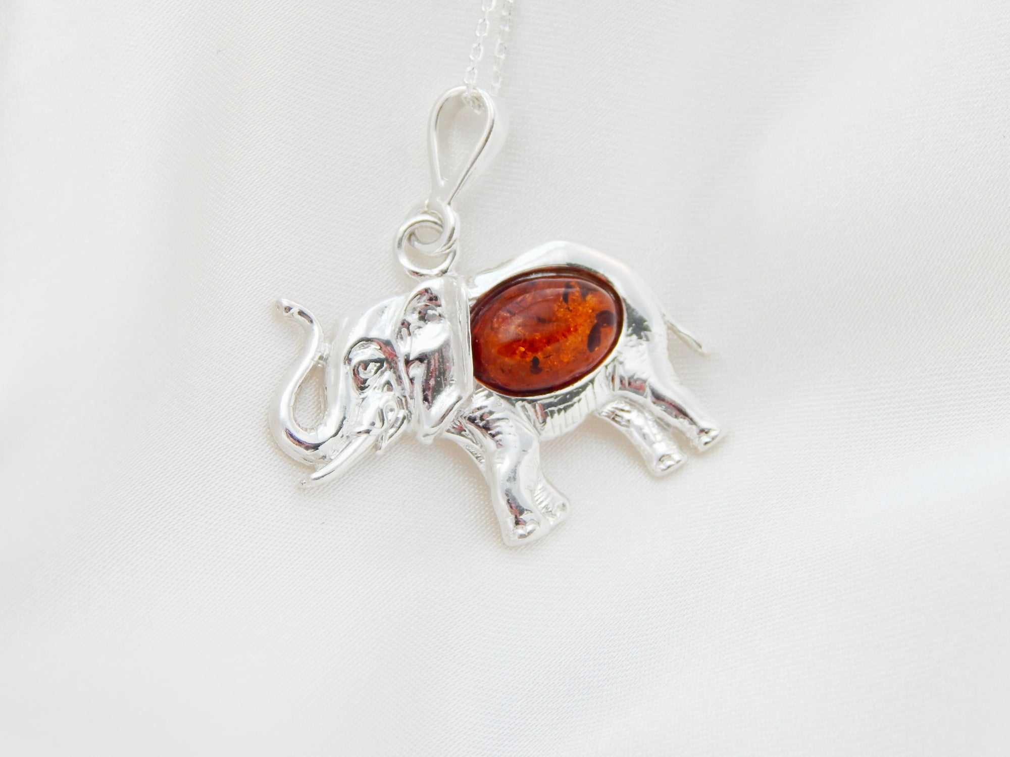 Natural Baltic Cognac Lucky Elephant Pendant Necklace in 925 Silver