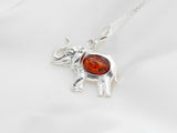 Natural Baltic Cognac Lucky Elephant Pendant Necklace in 925 Silver