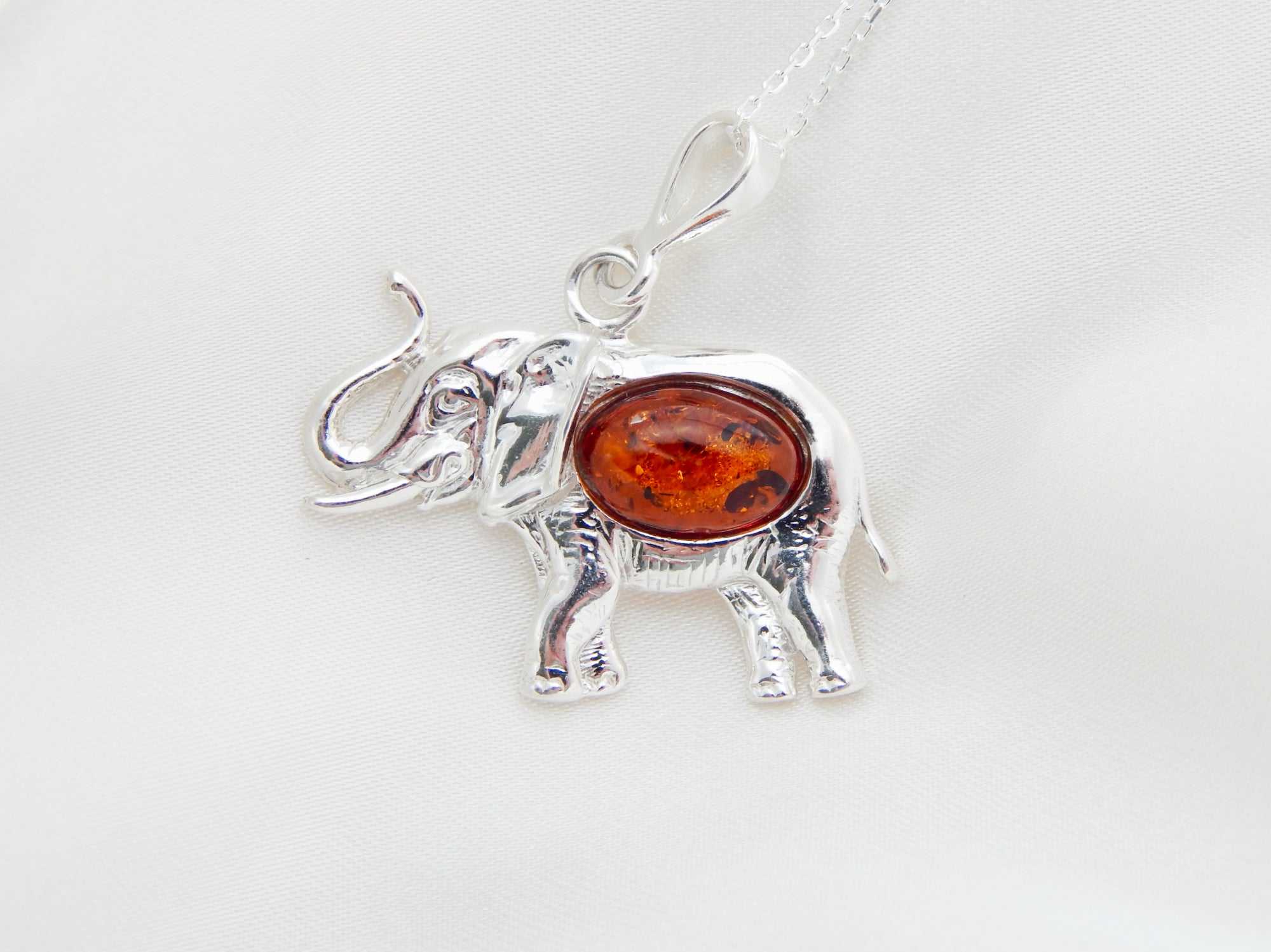 Natural Baltic Cognac Lucky Elephant Pendant Necklace in 925 Silver