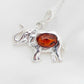 Natural Baltic Cognac Lucky Elephant Pendant Necklace in 925 Silver