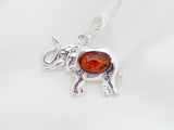 Natural Baltic Cognac Lucky Elephant Pendant Necklace in 925 Silver