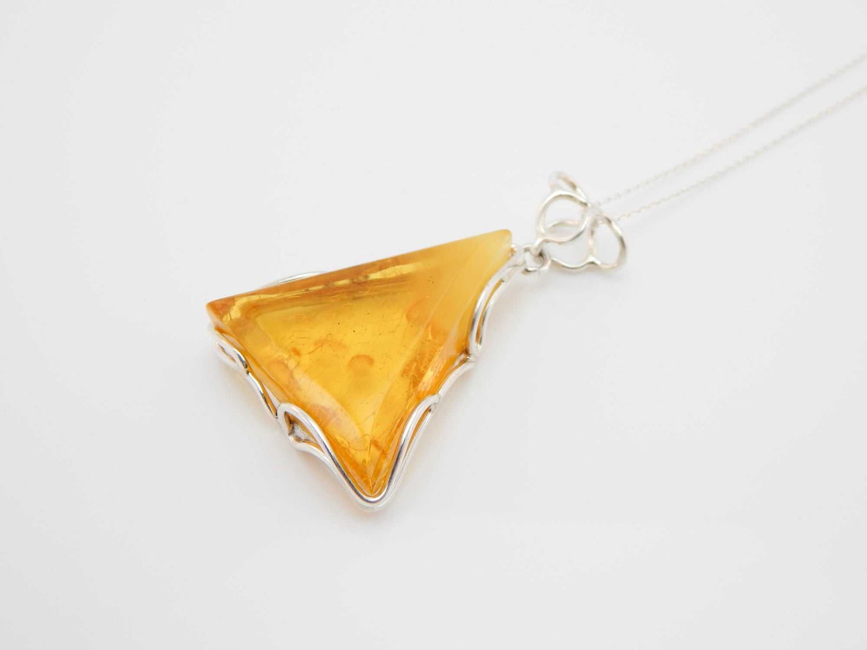 Handmade Natural Baltic Lemon Amber Triangular Pendant Necklace in 925 Sterling Silver