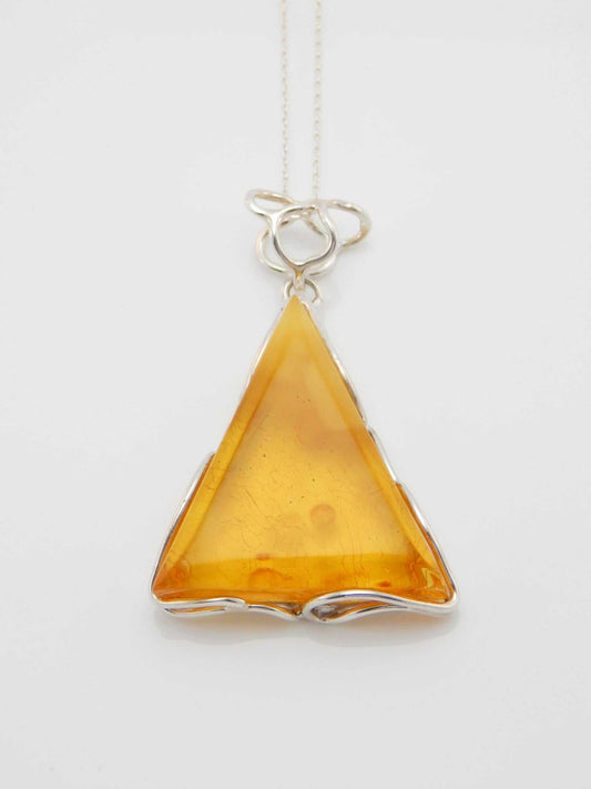 Handmade Natural Baltic Lemon Amber Triangular Pendant Necklace in 925 Sterling Silver