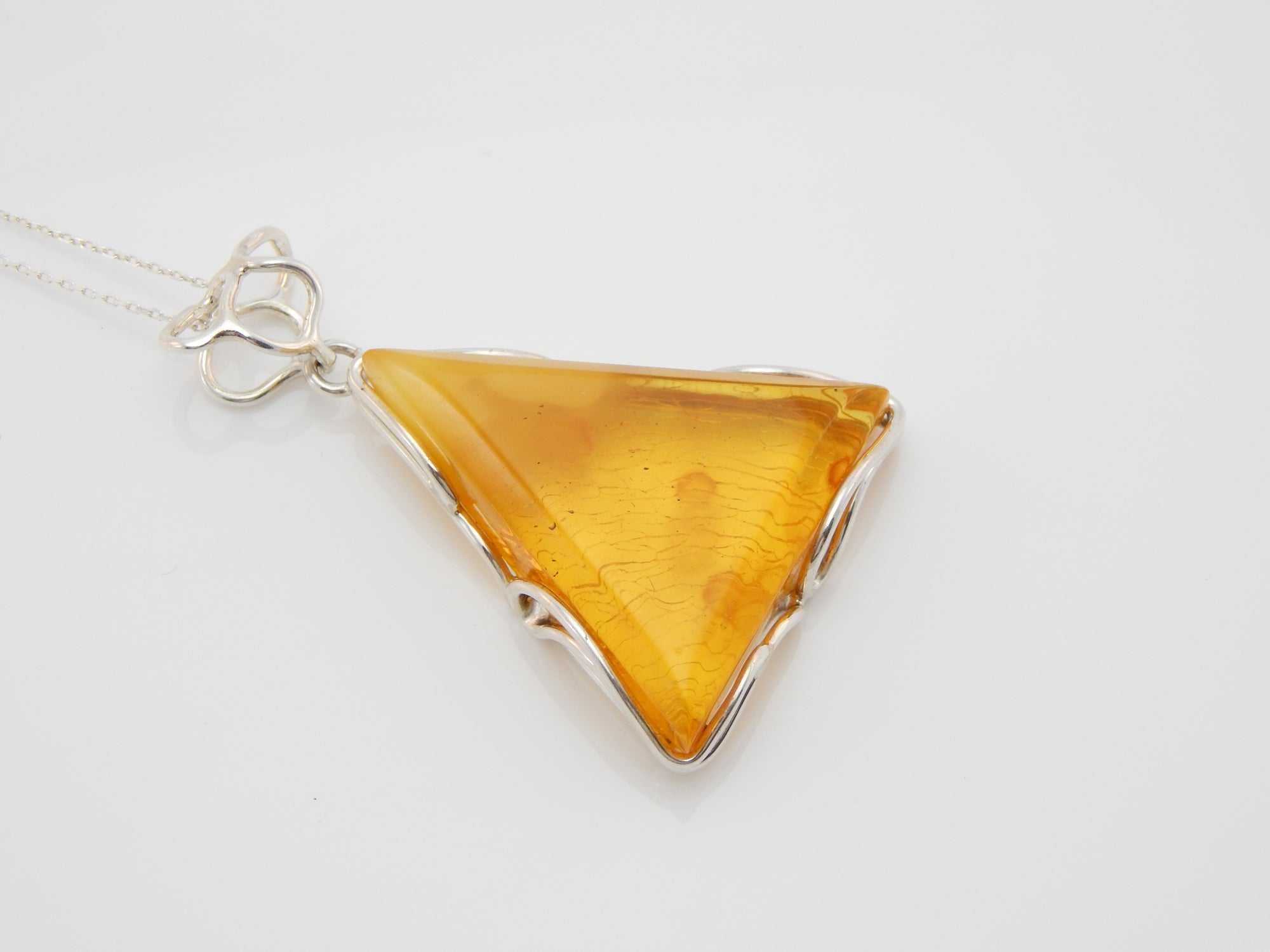 Handmade Natural Baltic Lemon Amber Triangular Pendant Necklace in 925 Sterling Silver