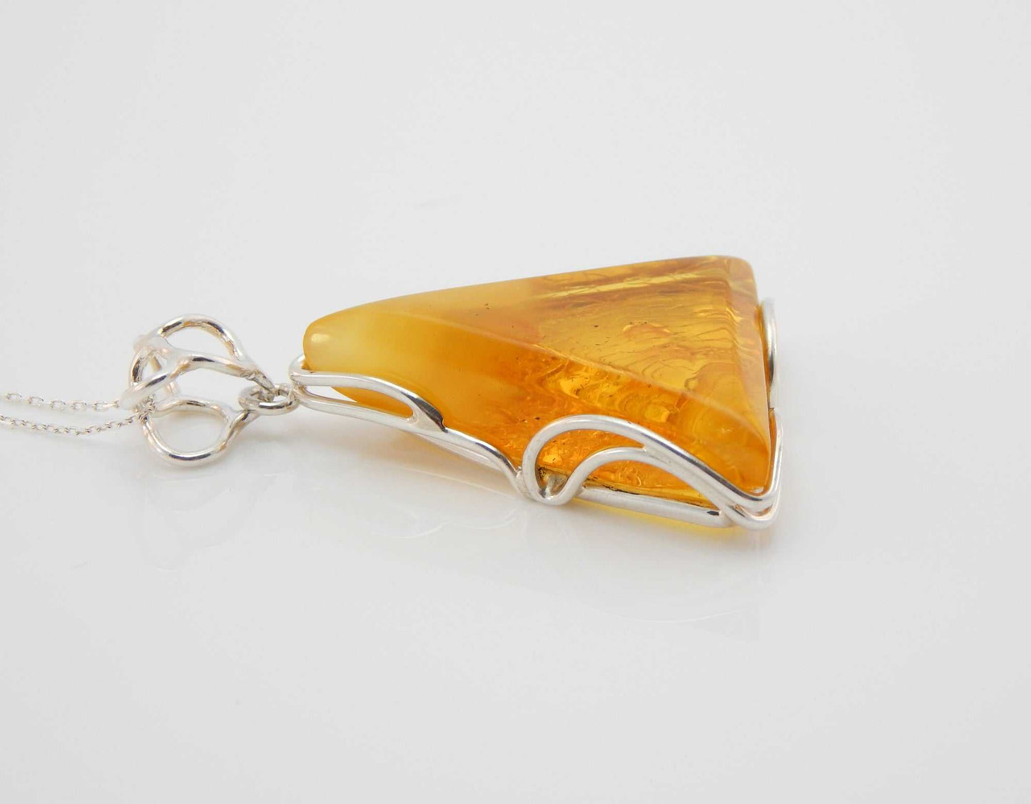 Handmade Natural Baltic Lemon Amber Triangular Pendant Necklace in 925 Sterling Silver