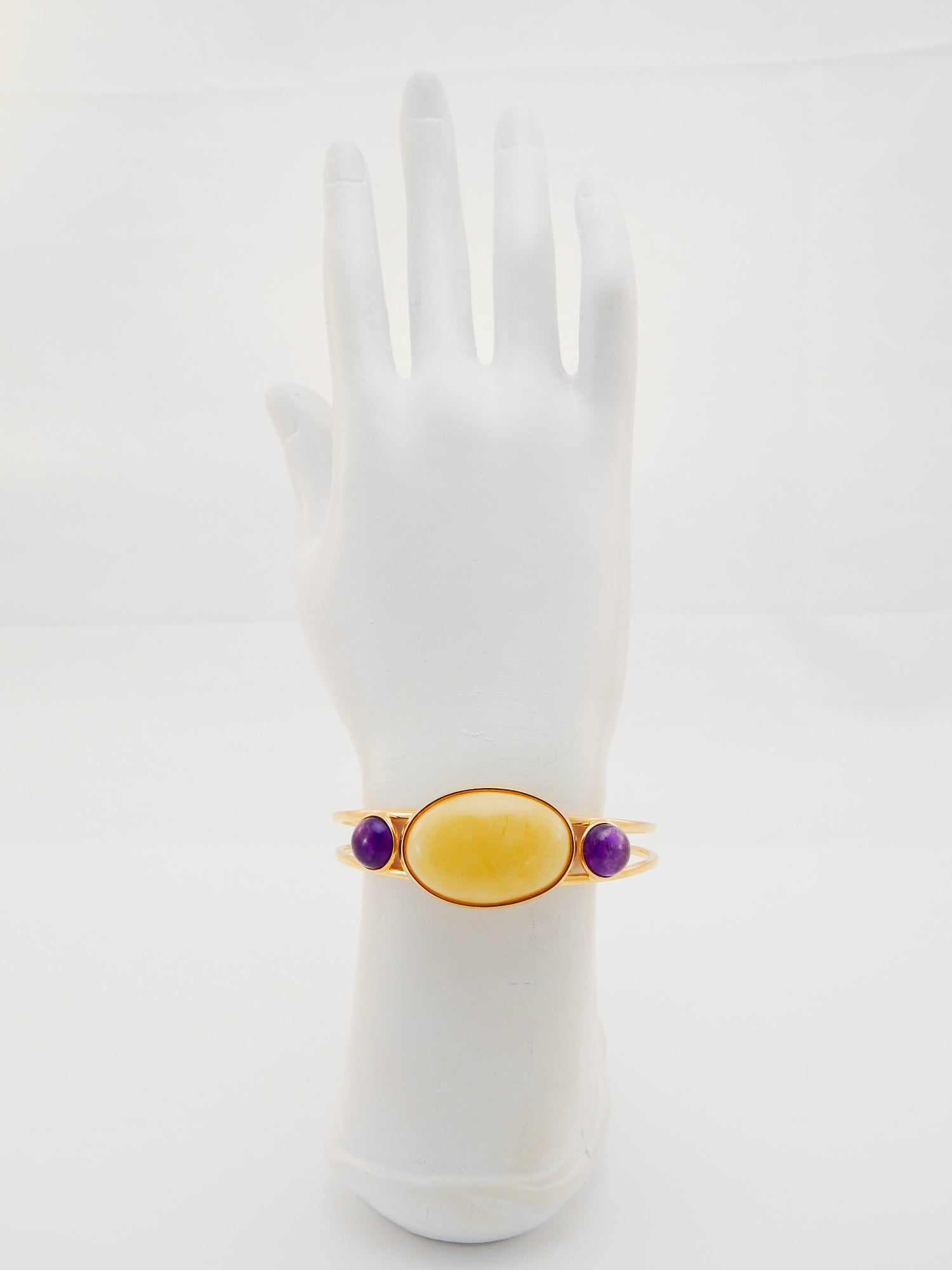 Natural Baltic Butterscotch Amber and Amethyst 14k Gold Plated Cuff Bracelet