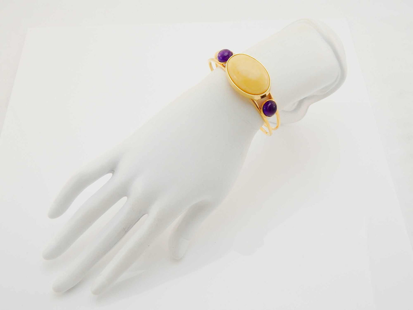 Natural Baltic Butterscotch Amber and Amethyst 14k Gold Plated Cuff Bracelet