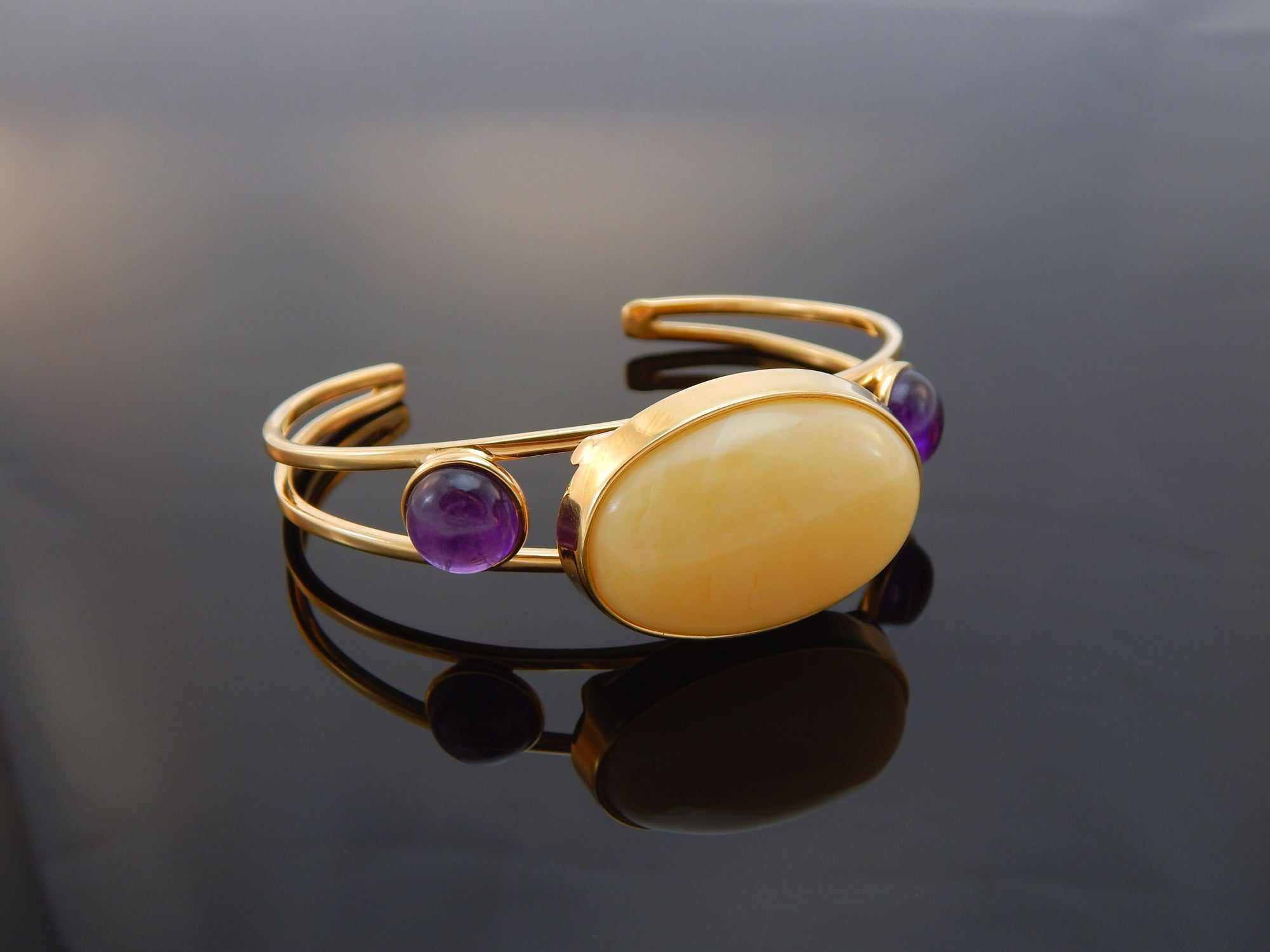 Natural Baltic Butterscotch Amber and Amethyst 14k Gold Plated Cuff Bracelet