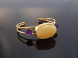 Natural Baltic Butterscotch Amber and Amethyst 14k Gold Plated Cuff Bracelet