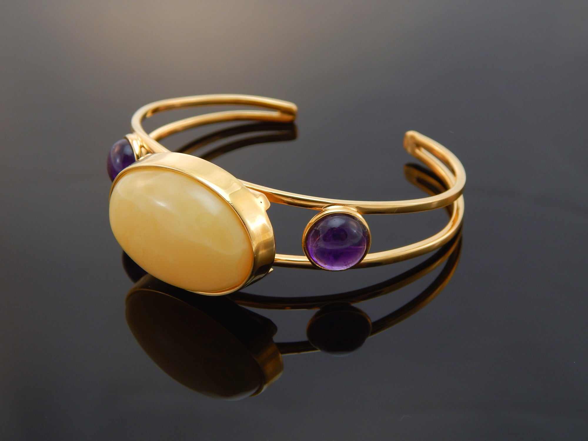 Natural Baltic Butterscotch Amber and Amethyst 14k Gold Plated Cuff Bracelet