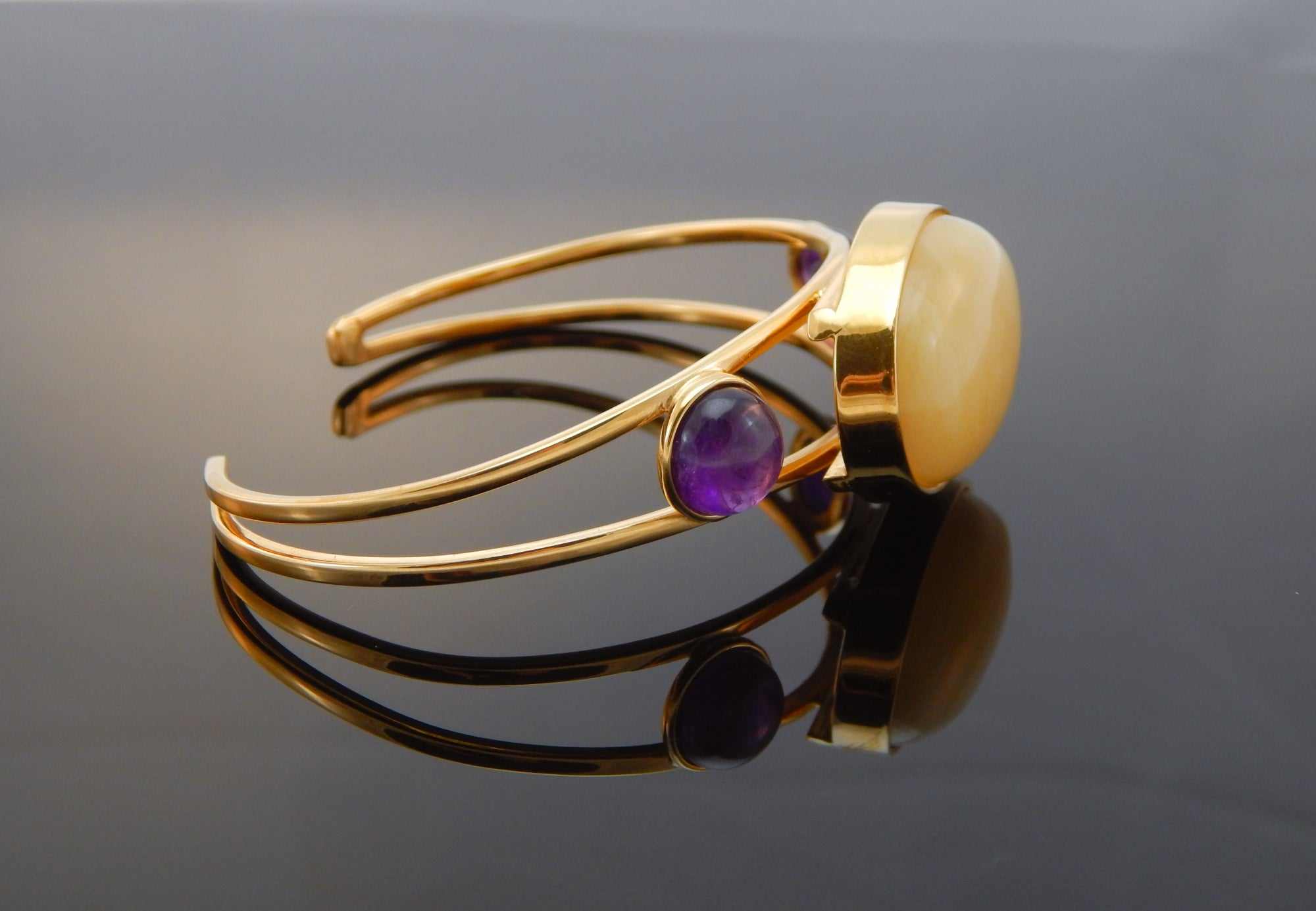 Natural Baltic Butterscotch Amber and Amethyst 14k Gold Plated Cuff Bracelet