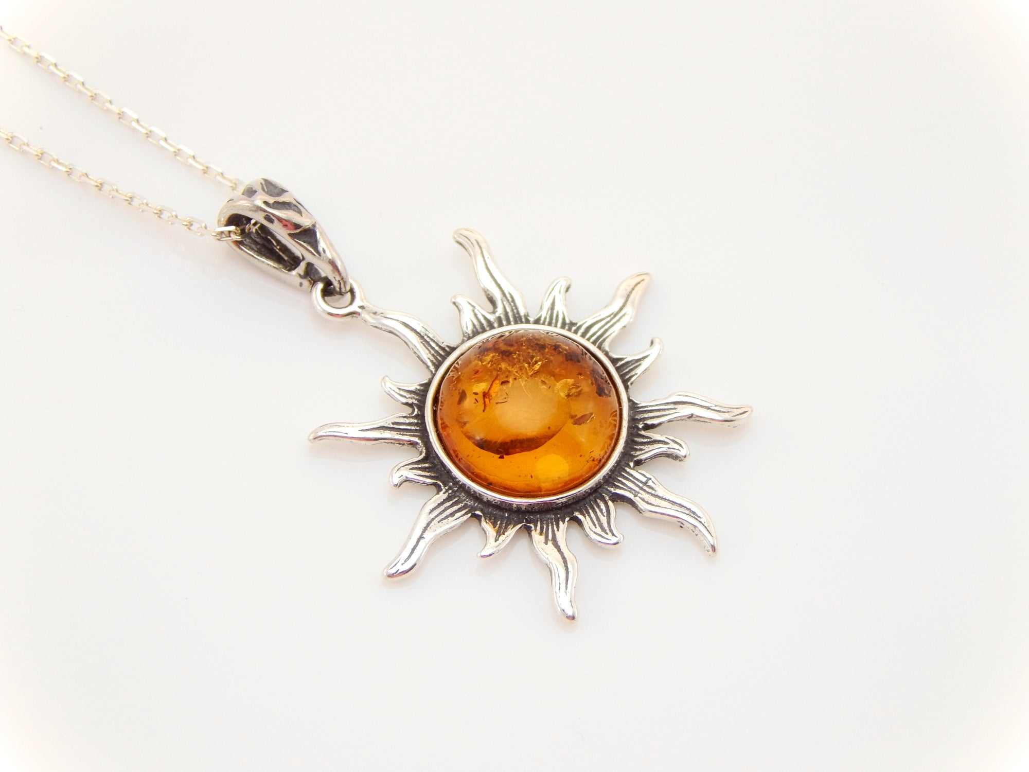 Natural Baltic Cognac Amber Celestial Sun Pendant Necklace