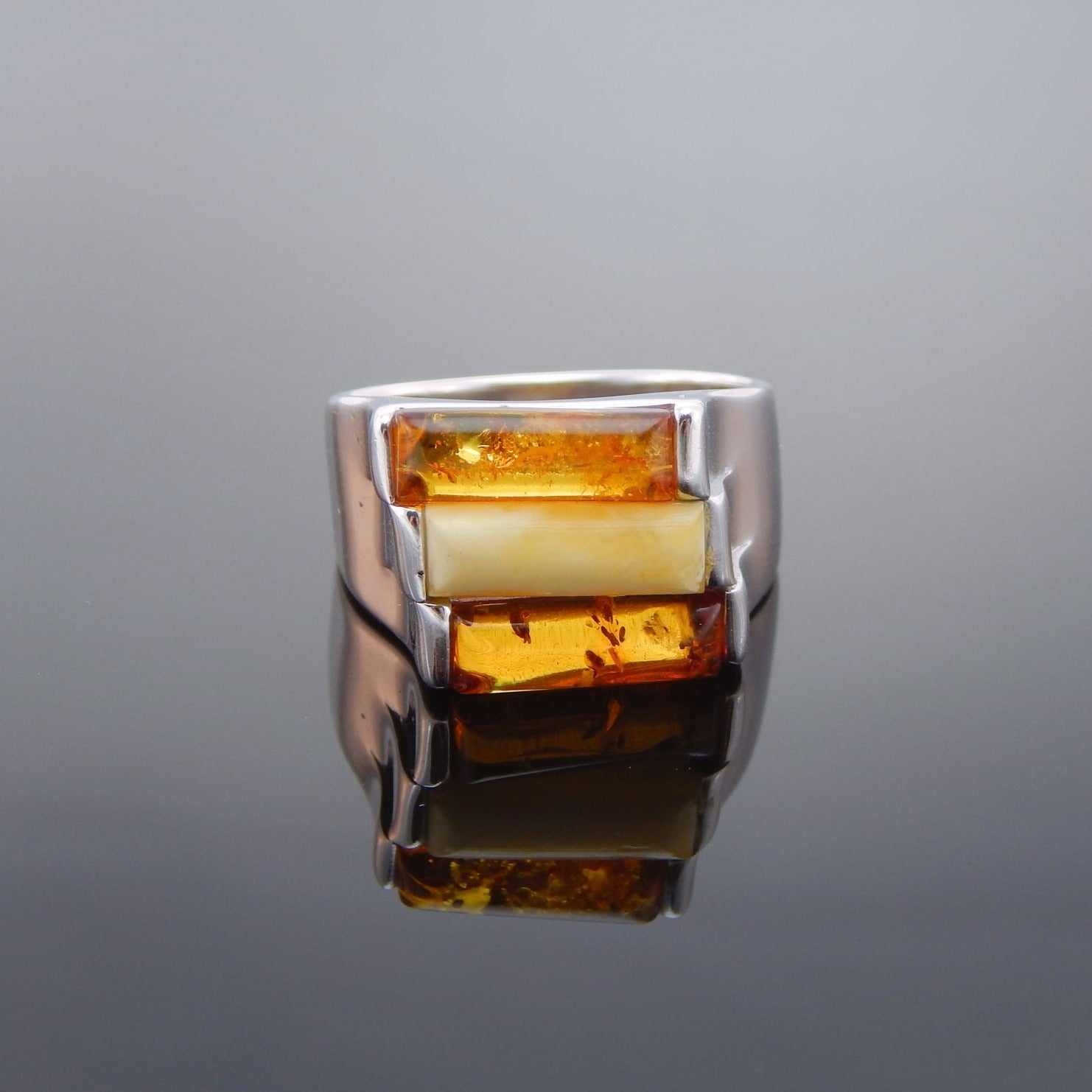 Natural Baltic Amber Stacked Statement Ring in 925 Sterling Silver