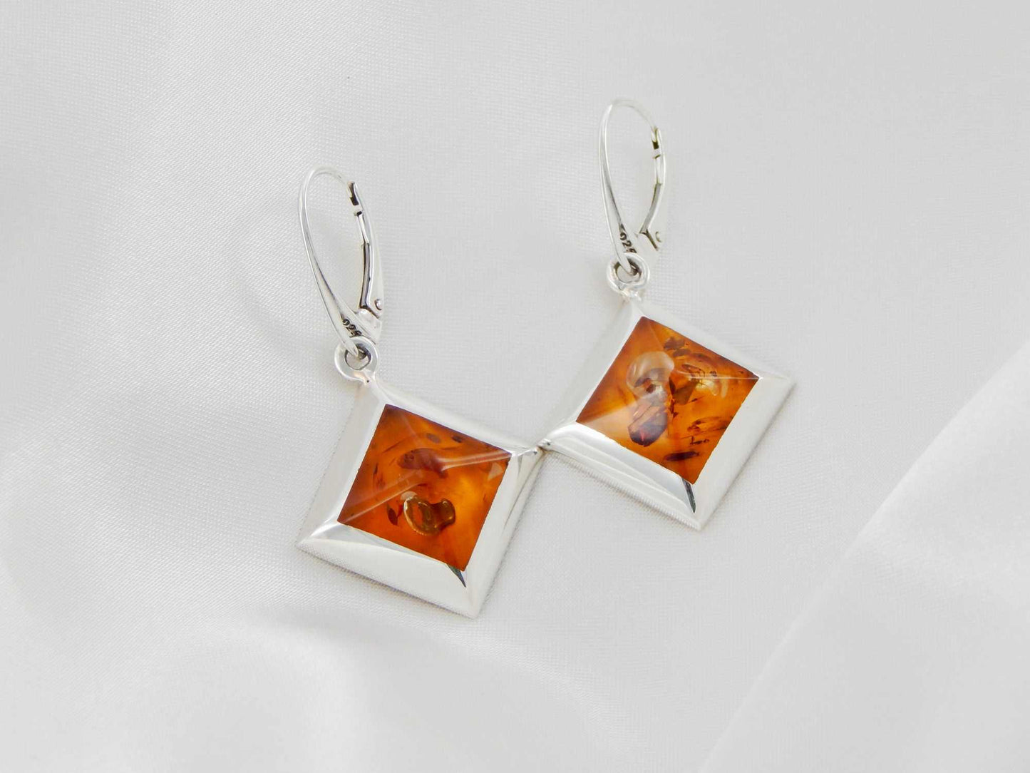 Natural Baltic Cognac Amber Square Cut Dangle Earrings