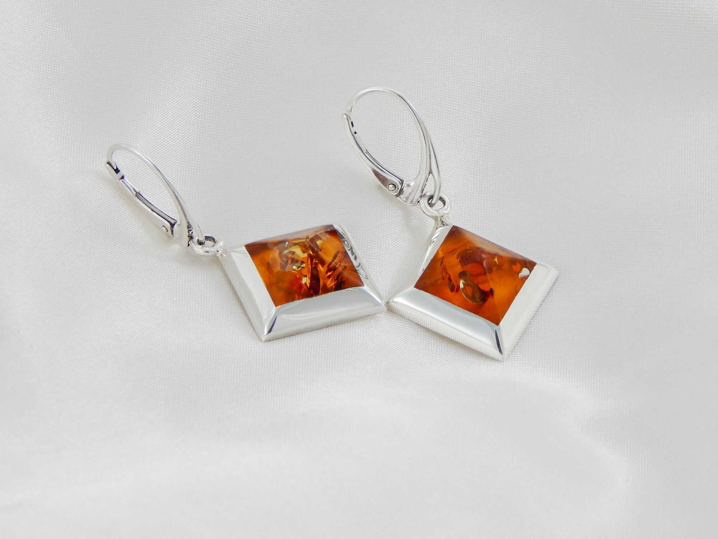 Natural Baltic Cognac Amber Square Cut Dangle Earrings