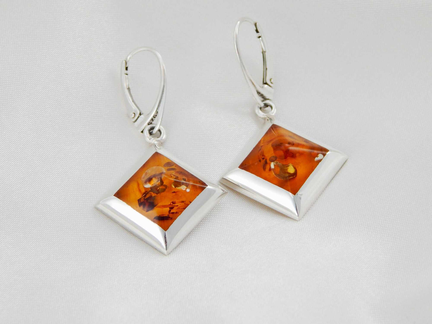 Natural Baltic Cognac Amber Square Cut Dangle Earrings