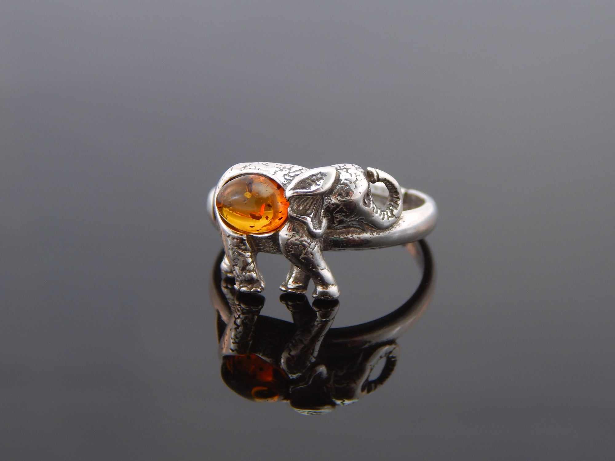 Natural Baltic Cognac Amber Adjustable Lucky Elephant Ring in 925 Sterling Silver