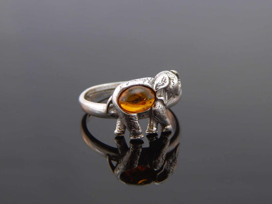 Natural Baltic Cognac Amber Adjustable Lucky Elephant Ring in 925 Sterling Silver