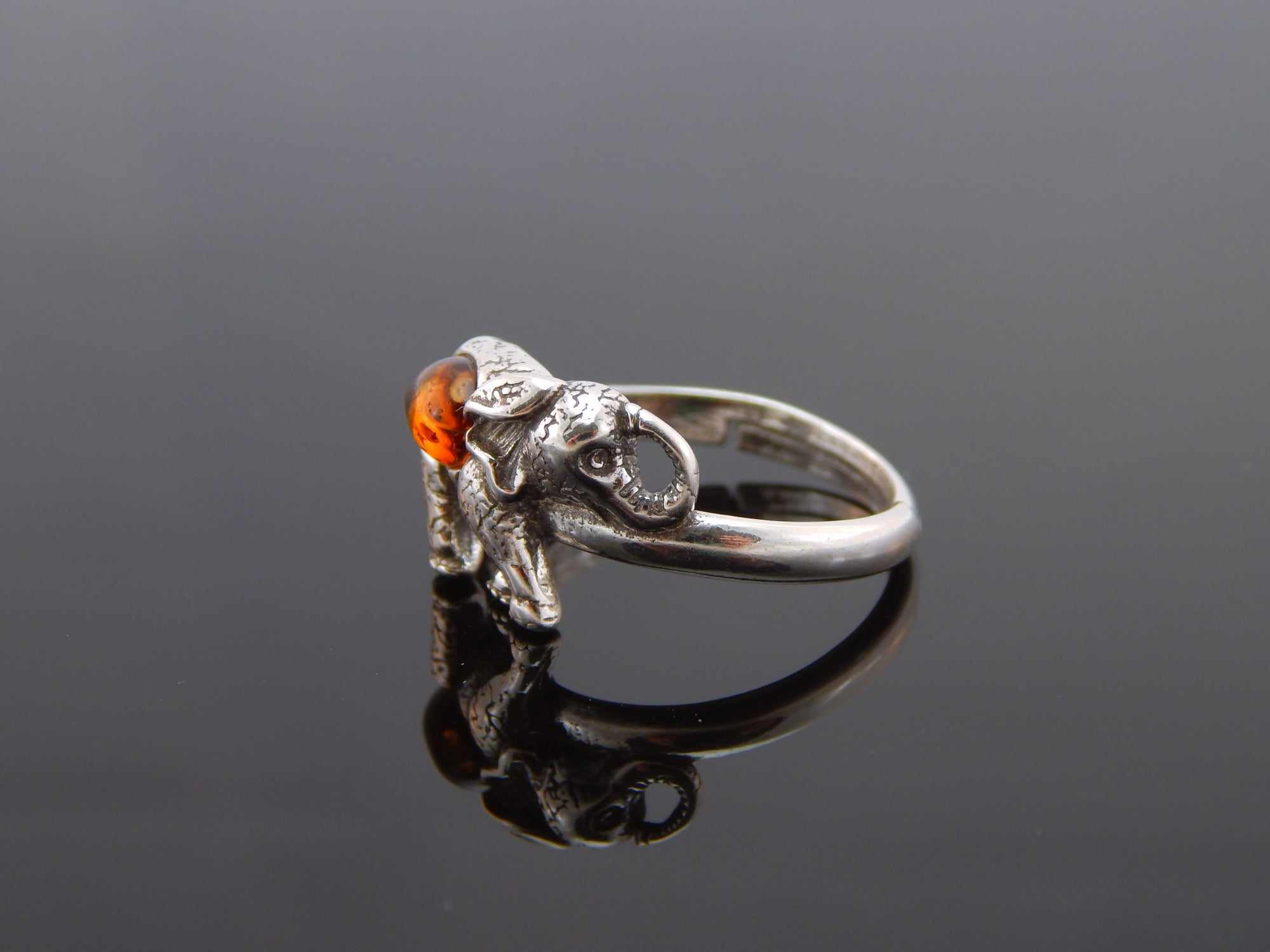 Natural Baltic Cognac Amber Adjustable Lucky Elephant Ring in 925 Sterling Silver