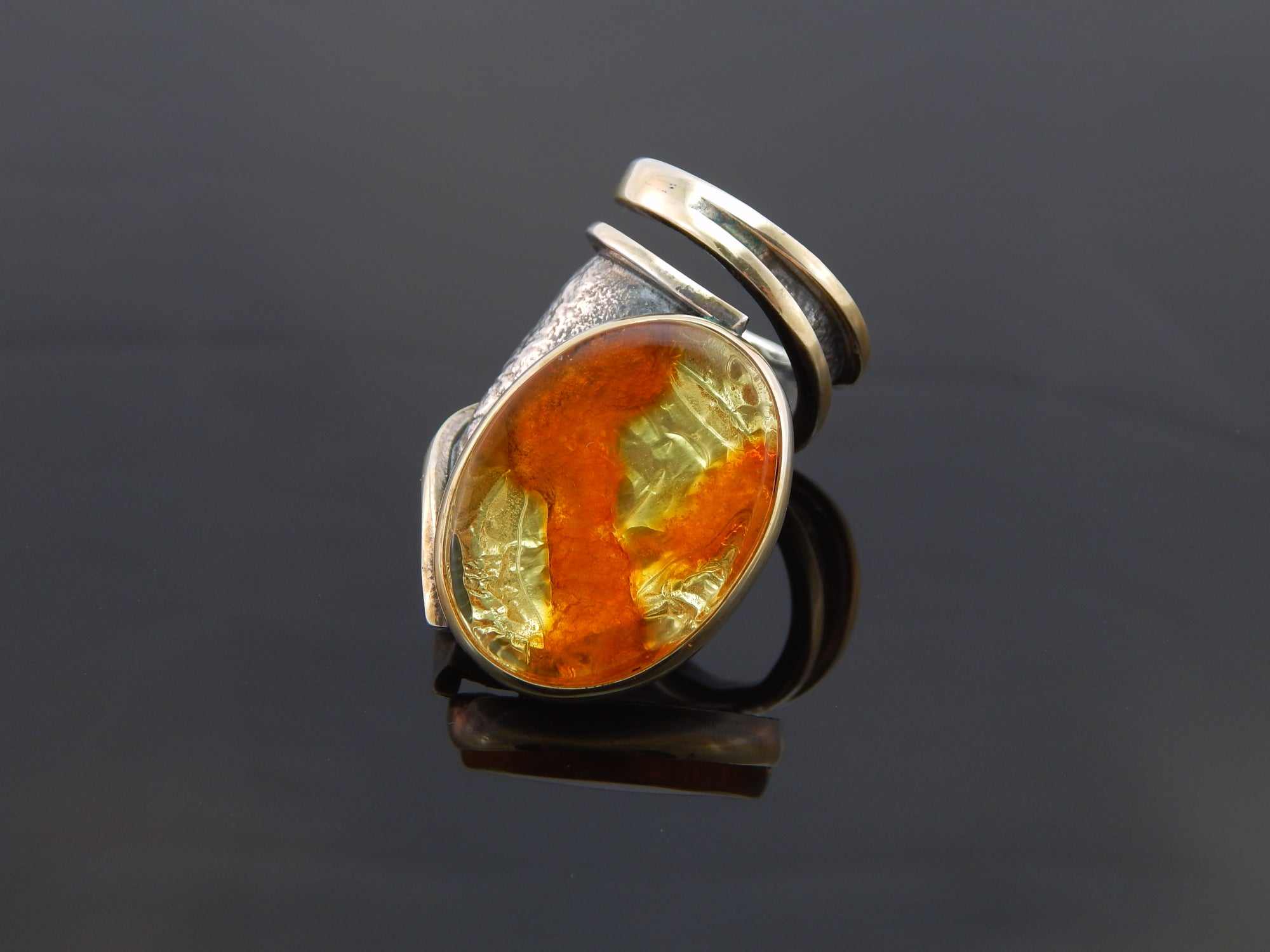 Natural Baltic Amber Brutalist Adjustable Ring in 925 Sterling Silver