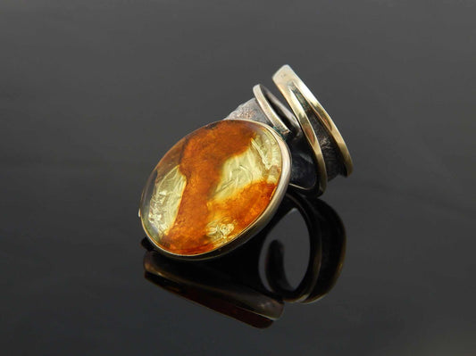 Natural Baltic Amber Brutalist Adjustable Ring in 925 Sterling Silver