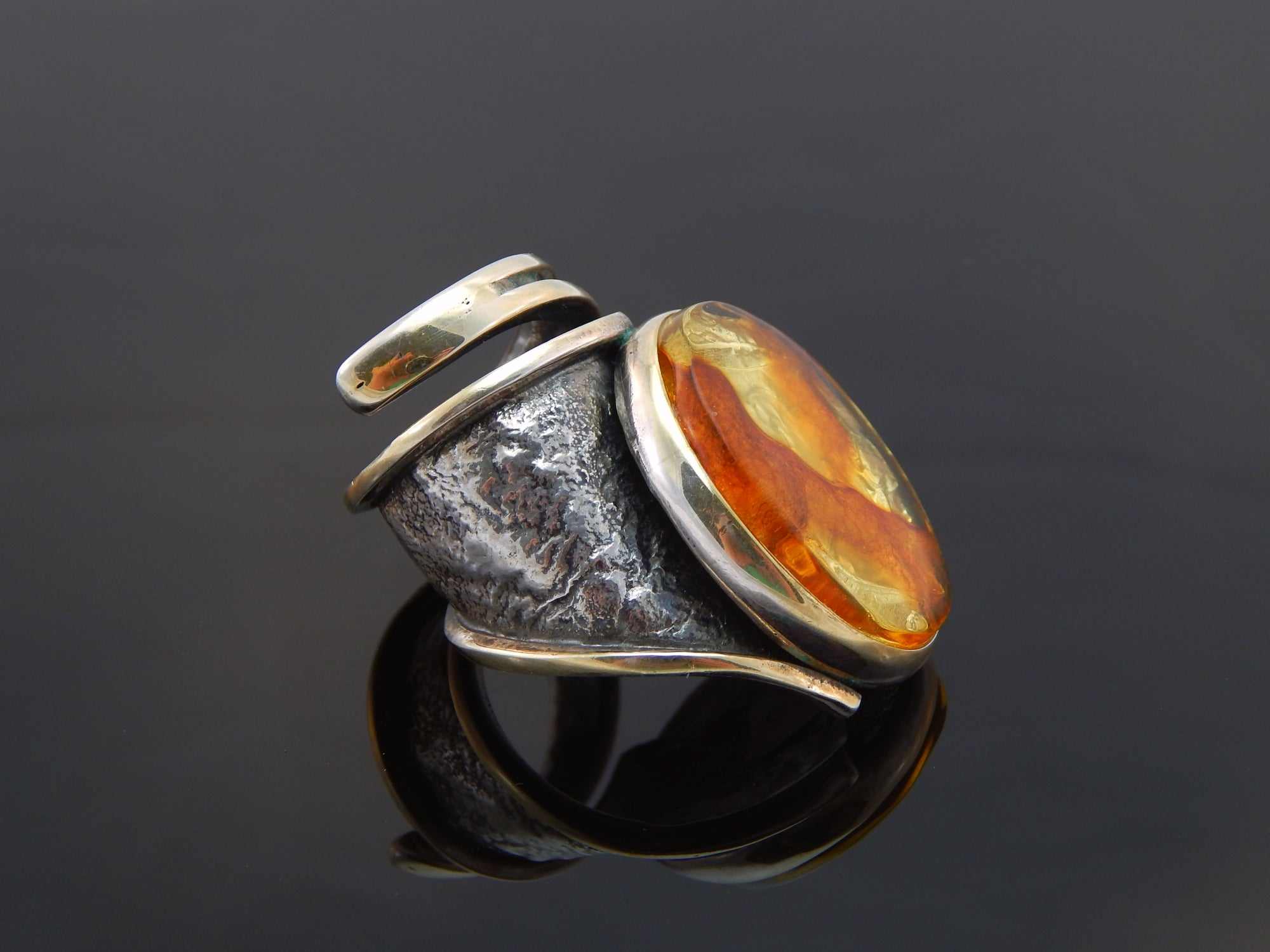 Natural Baltic Amber Brutalist Adjustable Ring in 925 Sterling Silver