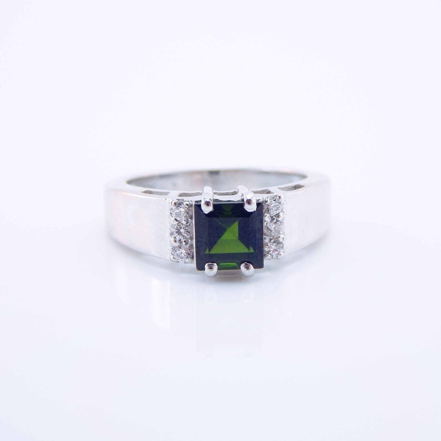 Genuine Green Tourmaline Cushion Cut Ring in 925 Sterling Silver