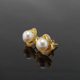 Genuine Fresh Water Pearl and Cubic Zirconia Stud Earrings in 925 Sterling Silver