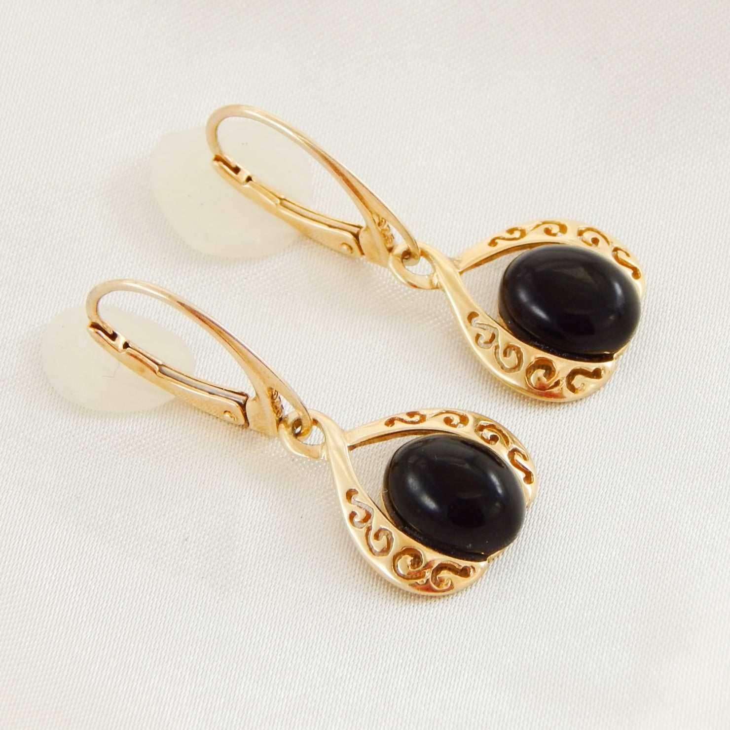 Natural Baltic Black Amber 14K Gold Plated Victorian Earrings