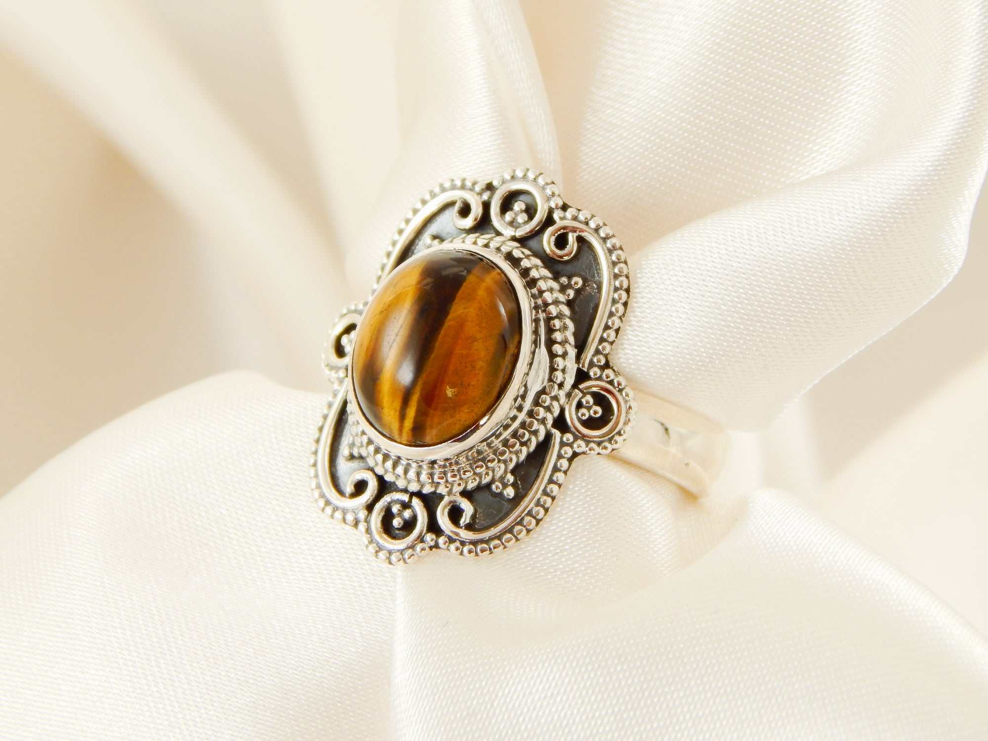 Genuine Tigers Eye Boho Chic Ring in 925 Sterling Silver